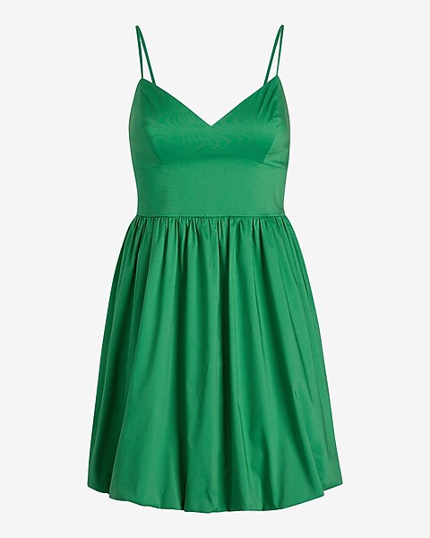 White & Green Print Satin V Neck Strappy Dress