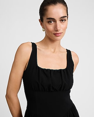 Knit Square Neck Basque Waist Mini Dress with Pockets