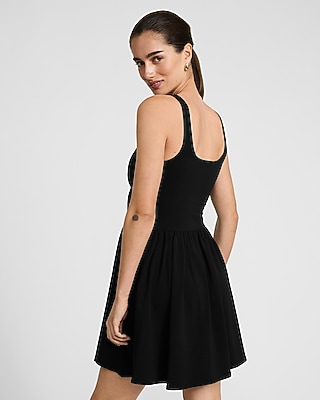 Knit Square Neck Basque Waist Mini Dress with Pockets