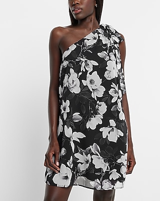 EX - ONE SHLDR TIE RUFFLE HEM SHIFT - 9418097:B&W PRINT:L