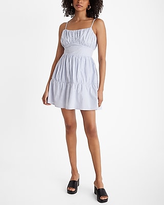 Striped Ruched Tiered Poplin Mini Dress