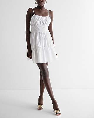 Ruched Tiered Poplin Mini Dress | Express