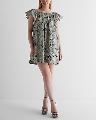 Floral Square Neck Flutter Sleeve Poplin Mini Shift Dress