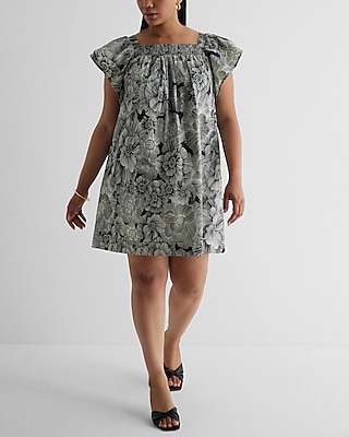 Floral Square Neck Flutter Sleeve Poplin Mini Shift Dress