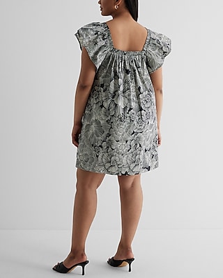 Floral Square Neck Flutter Sleeve Poplin Mini Shift Dress