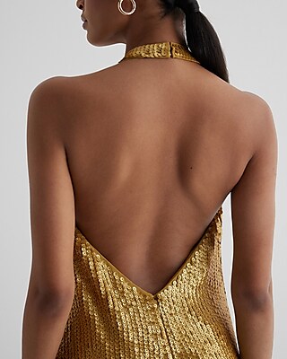 Sequin Halter Neck Open Back Mini Shift Dress | Express