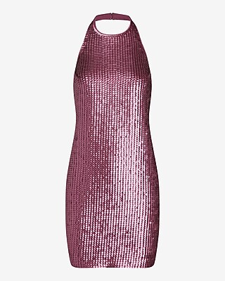Sequin Halter Neck Open Back Mini Shift Dress