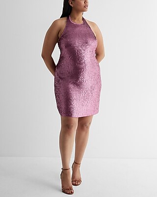 Sequin Halter Neck Open Back Mini Shift Dress