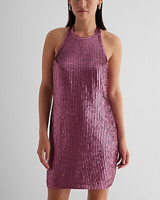 Sequin Halter Neck Open Back Mini Shift Dress