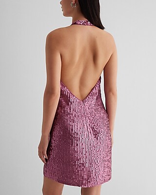 Sequin Halter Neck Open Back Mini Shift Dress