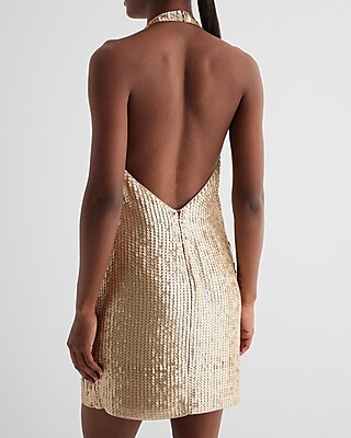 Sequin Halter Neck Open Back Mini Shift Dress | Express