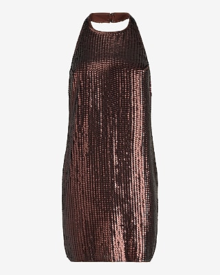 Sequin Halter Neck Open Back Mini Shift Dress