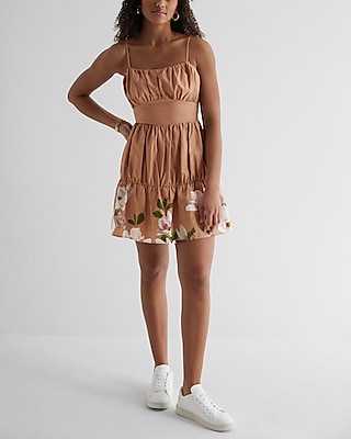 Floral Ruched Tiered Poplin Mini Dress