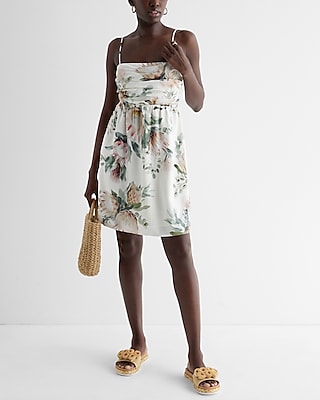 Linen-Blend Floral Ruched Mini Babydoll Dress