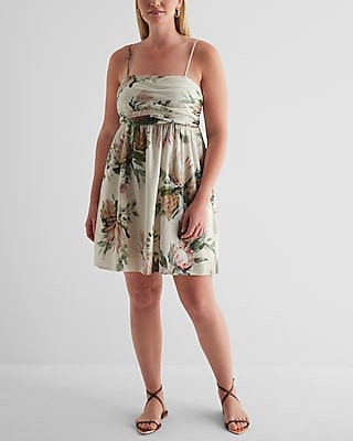 Linen-Blend Floral Ruched Mini Babydoll Dress