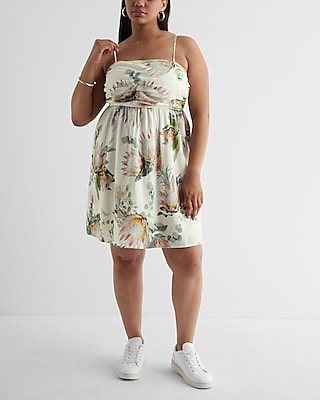 Linen-Blend Floral Ruched Mini Babydoll Dress