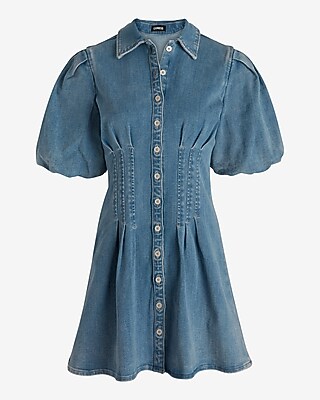 white christmas dresses Kylie Denim Puff Sleeve Mini Dress Dark Denim / L main image 0
