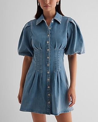 express denim shirt dress Denim Long Sleeve Button Front Midi Shirt Dress With Pockets