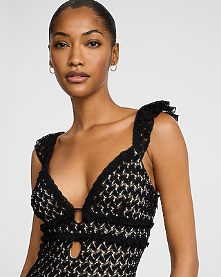 white christmas dresses BLACK CROCHET CUT OUT MIDI DRESS main image 1