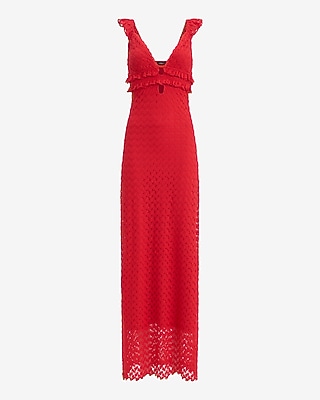 Crochet V-Neck Sleeveless Cutout Ruffled Maxi Dress