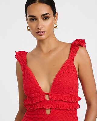 Crochet V-Neck Sleeveless Cutout Ruffled Maxi Dress