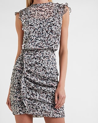 printed ruffle ruched front sheath dress