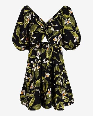 Floral V-Neck Puff Sleeve Cutout Tiered Mini Dress