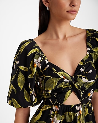 Floral V-Neck Puff Sleeve Cutout Tiered Mini Dress