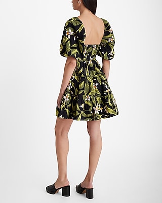 Floral V-Neck Puff Sleeve Cutout Tiered Mini Dress