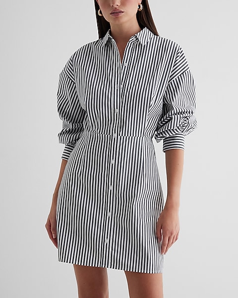 Striped Fitted Poplin Long Sleeve Mini Shirt Dress