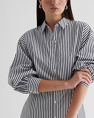 Striped Fitted Poplin Long Sleeve Mini Shirt Dress | Express