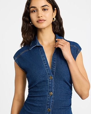 Stretch Denim Cap Sleeve Button Front Midi Dress