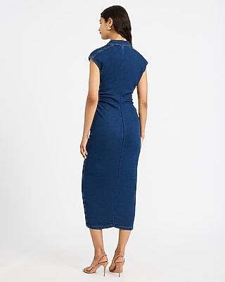 Stretch Denim Cap Sleeve Button Front Midi Dress