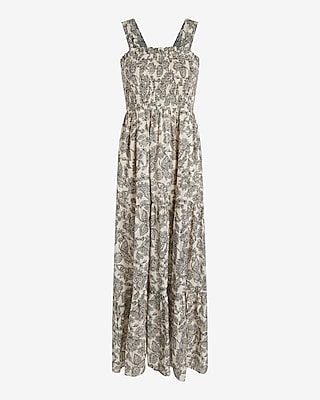 Printed Metallic Stripe Sleeveless Smocked Tiered Maxi Dress