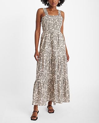 Printed Metallic Stripe Sleeveless Smocked Tiered Maxi Dress