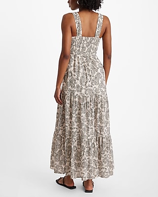 Printed Metallic Stripe Sleeveless Smocked Tiered Maxi Dress