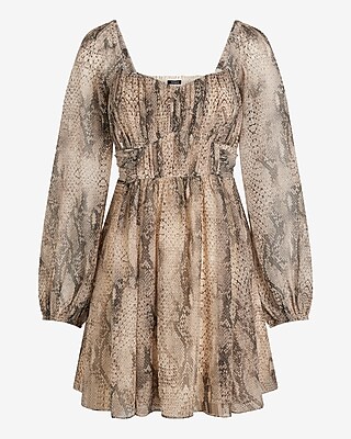 Snakeskin Sweetheart Neckline Long Sleeve Mini Babydoll Dress