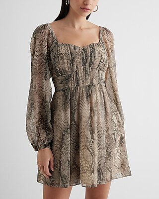 Snakeskin Sweetheart Neckline Long Sleeve Mini Babydoll Dress