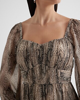 Snakeskin Sweetheart Neckline Long Sleeve Mini Babydoll Dress