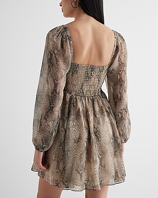 Snakeskin Sweetheart Neckline Long Sleeve Mini Babydoll Dress