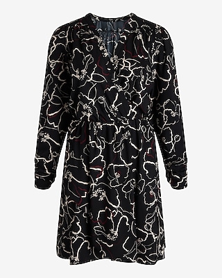 Printed V-Neck Long Sleeve Surplice Mini Dress