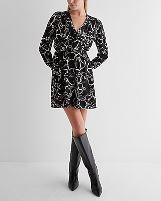 Printed V-Neck Long Sleeve Surplice Mini Dress