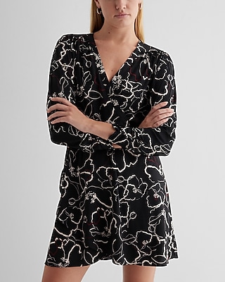 Printed V-Neck Long Sleeve Surplice Mini Dress