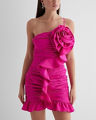 One Shoulder Ruched Rosette Mini Dress - image 2
