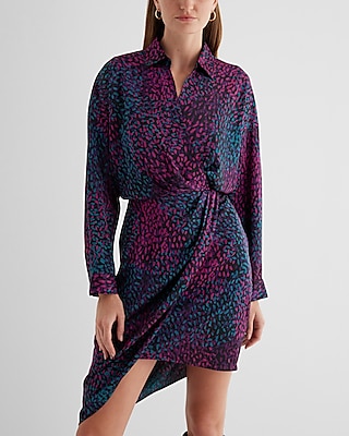 Printed V-Neck Surplice Asymmetrical Mini Portofino Shirt Dress