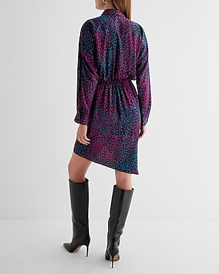 Printed V-Neck Surplice Asymmetrical Mini Portofino Shirt Dress