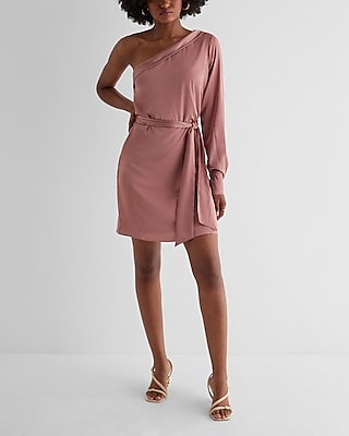 Satin One Shoulder Tie Waist Mini Dress