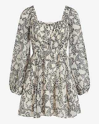 Printed Sweetheart Neckline Long Sleeve Mini Babydoll Dress