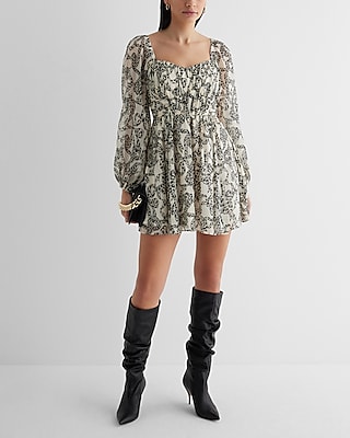 Printed Sweetheart Neckline Long Sleeve Mini Babydoll Dress