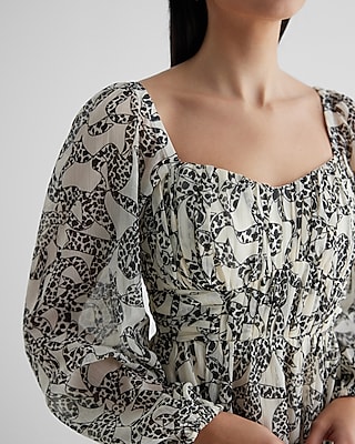 Printed Sweetheart Neckline Long Sleeve Mini Babydoll Dress